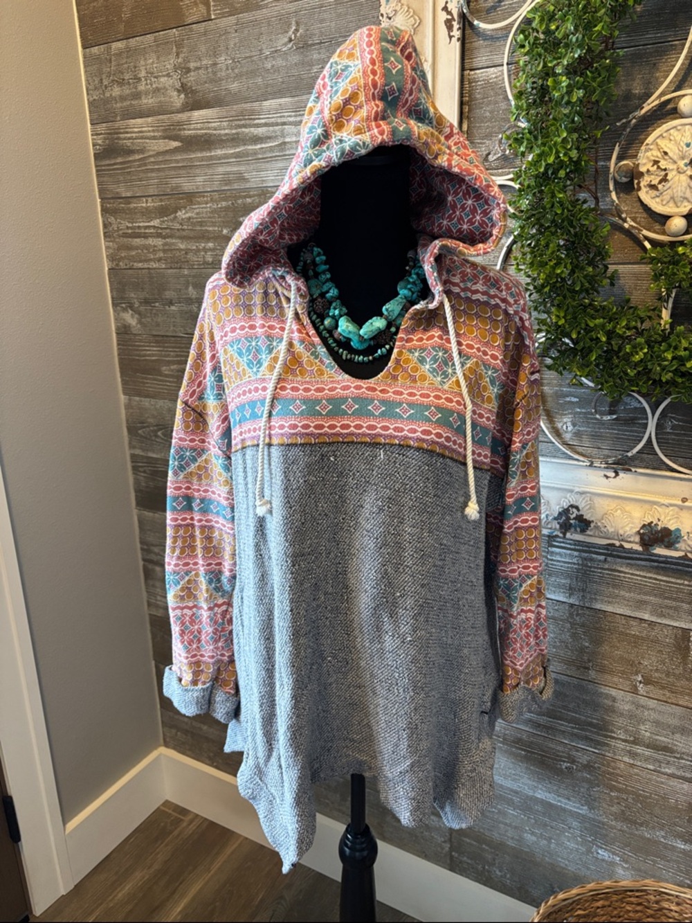 Anthropologie (Size L) Boho Hooded Pullover - 100% Cotton Natural Fibers